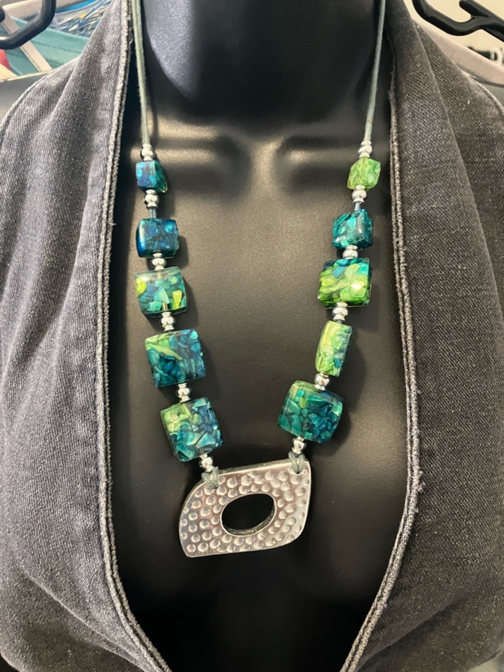 Green & Teal Resin Statement Necklace with Hammered Pendant